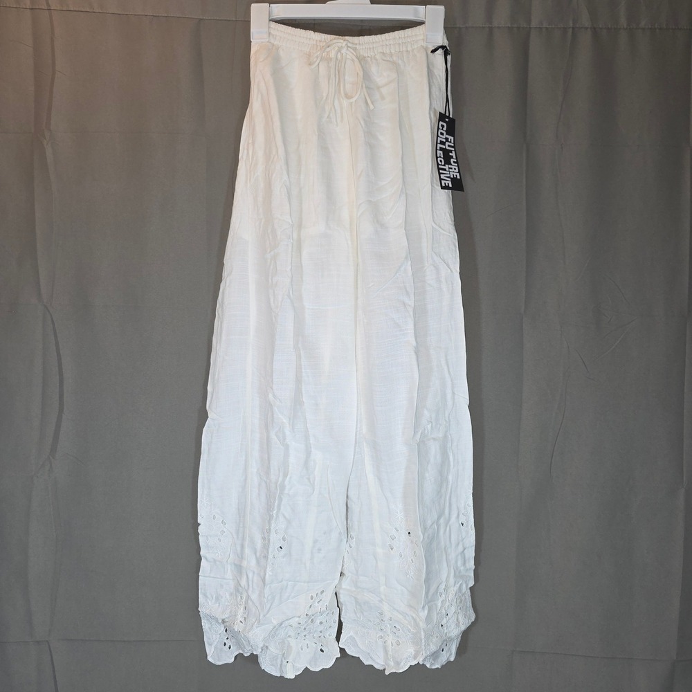 Future Collective Cream Eyelet Scalloped Hem Wide Leg Pants S F00340439-Q4/24